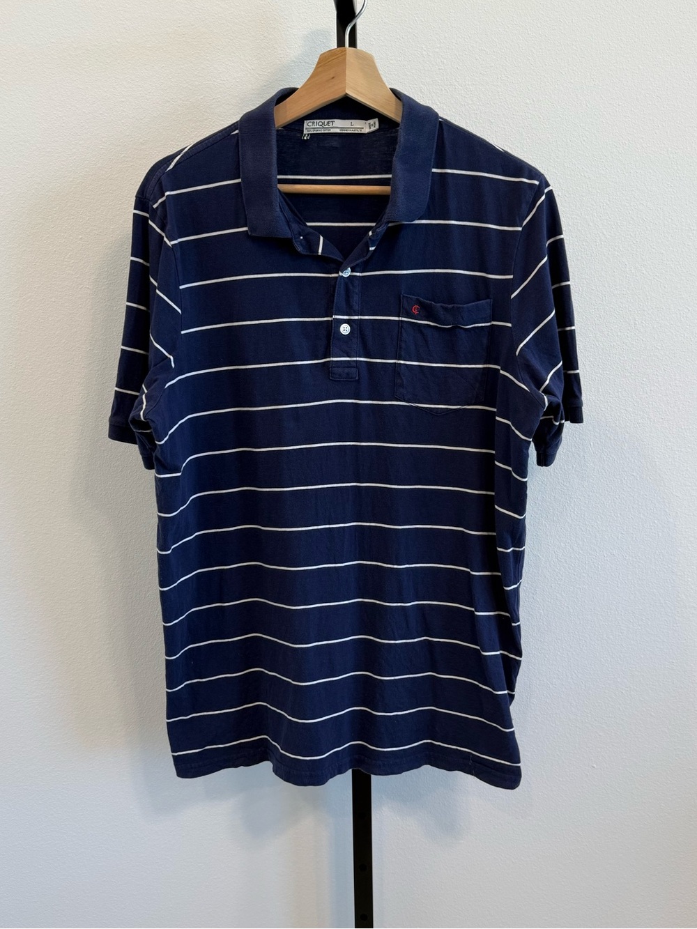 Criquet Organic Cotton Navy and White Striped Polo Large Business Casual Preppy